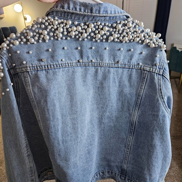 Medium Wash Pearl and Diamond Embellished Denim Jacket - Picture 5 of 6